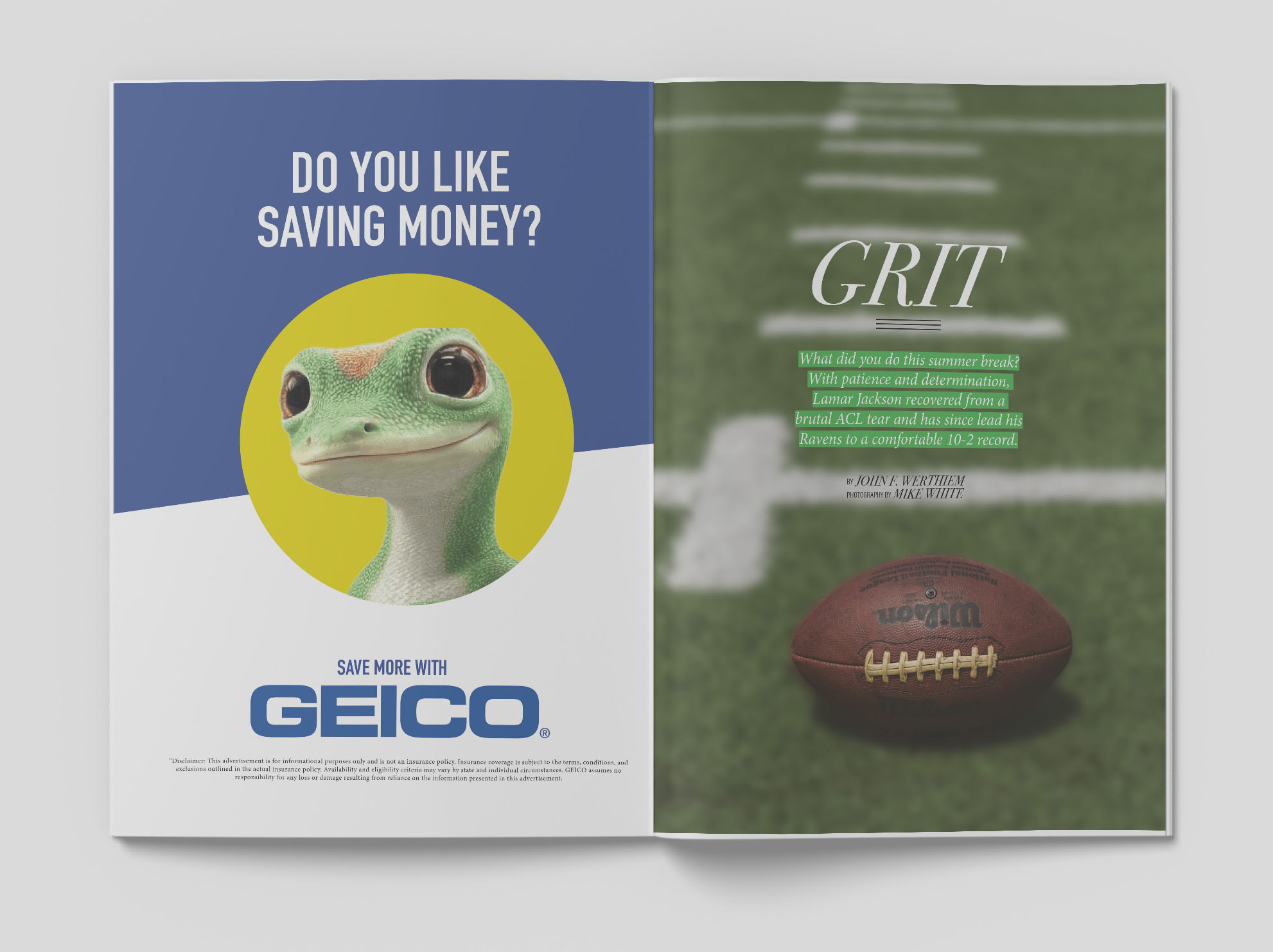 Geico ad and Ravens article spread